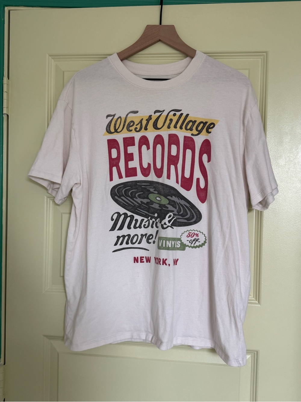 Abercrombie & Fitch White West Village Records Graphic Tee with Red Accents